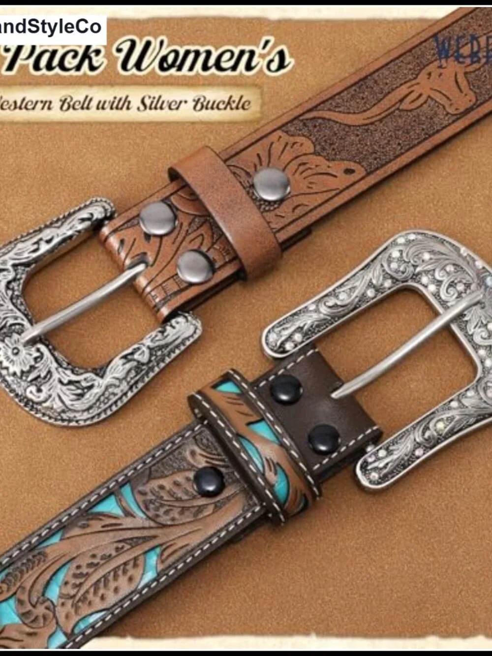 2 Pack Women PU Leather Belts Big Silver Buckle Vintage Carved Western Belt